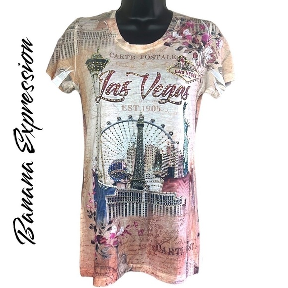 Banana Expression Las Vegas Print Embellished Short Sleeve Tee Size L - Picture 1 of 12
